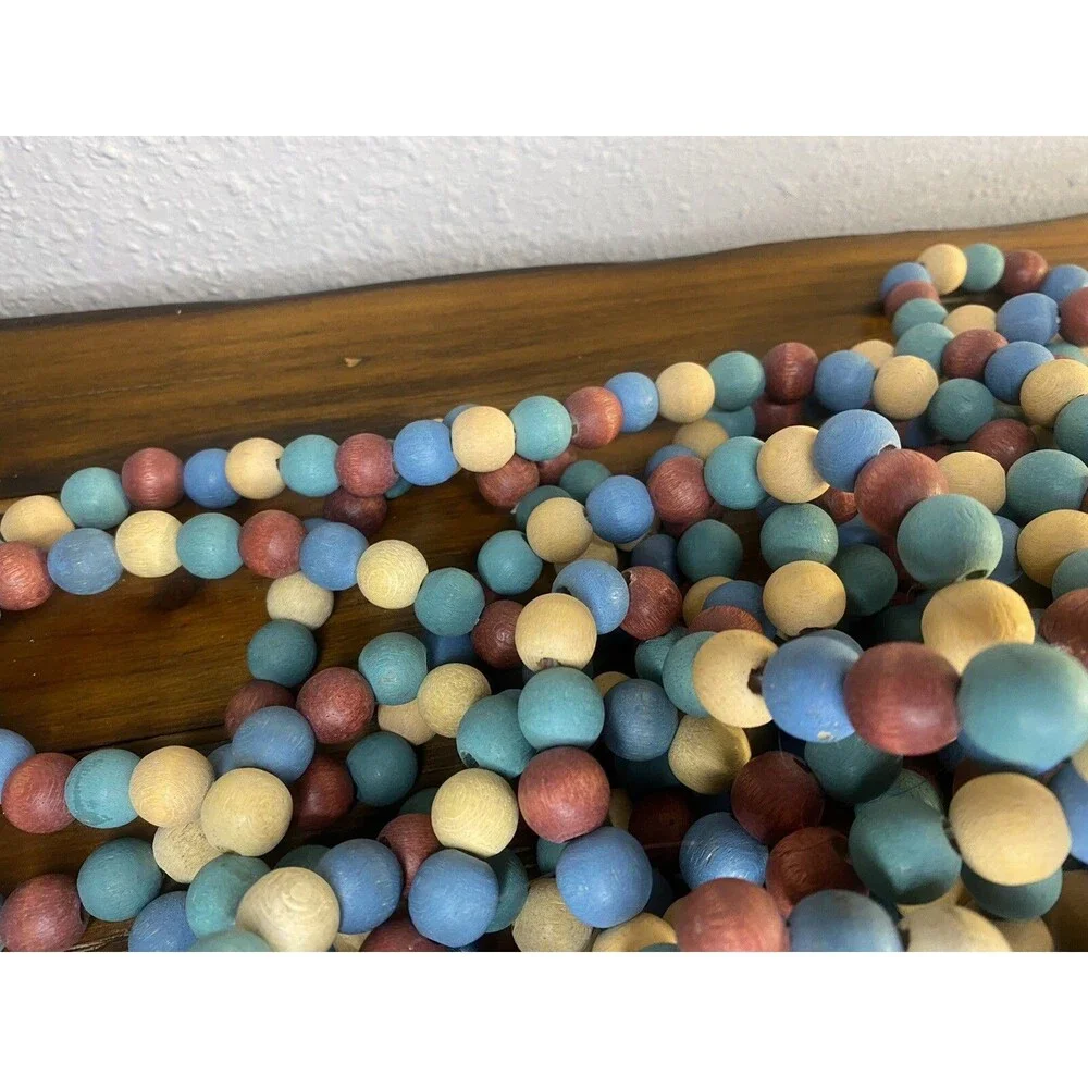 Christmas Wooden Bead Garland Primitive Rustic 4 Strands 8’ Holiday Tree Decor